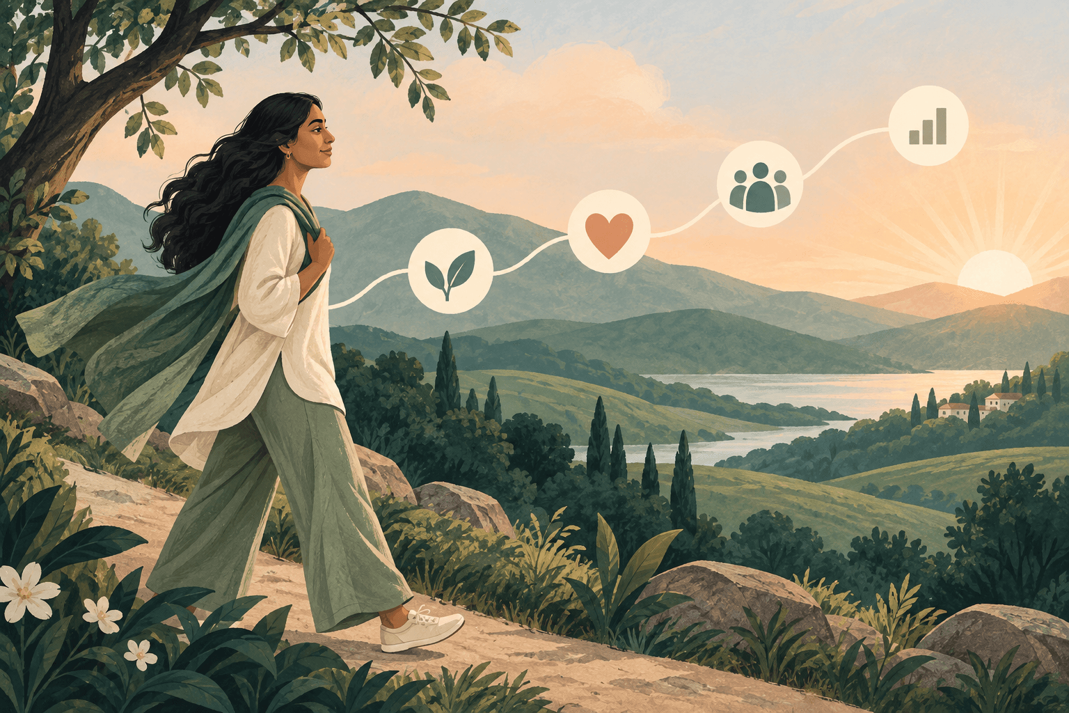 A woman walking forward on a hill path at sunrise